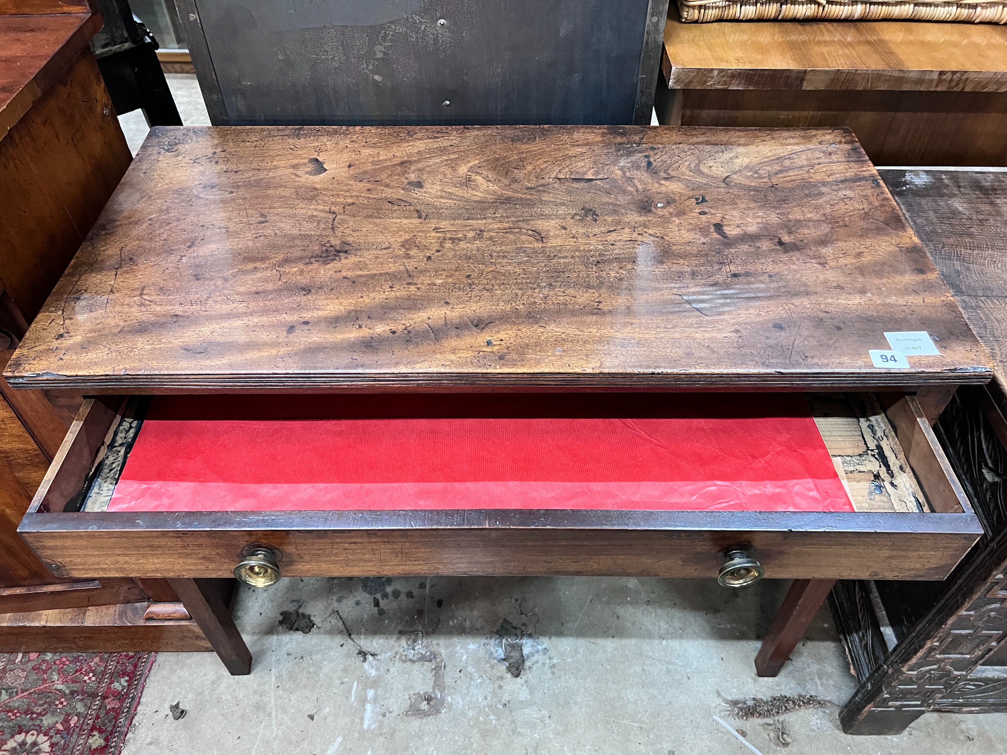 A George III mahogany side table with single drawer, width 91cm, depth 44cm, height 72cm *Please note the sale commences at 9am.